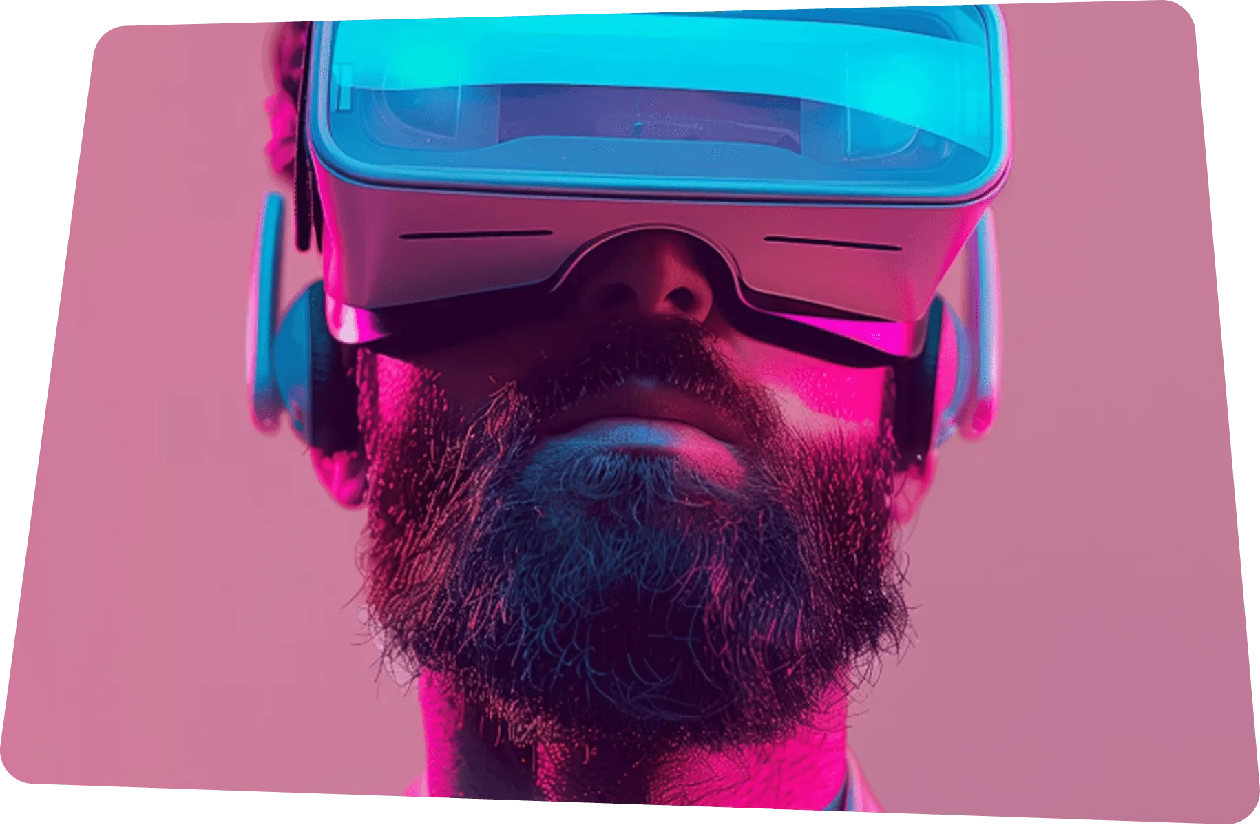 Bearded man wearing a VR headset under pink and blue neon lighting.