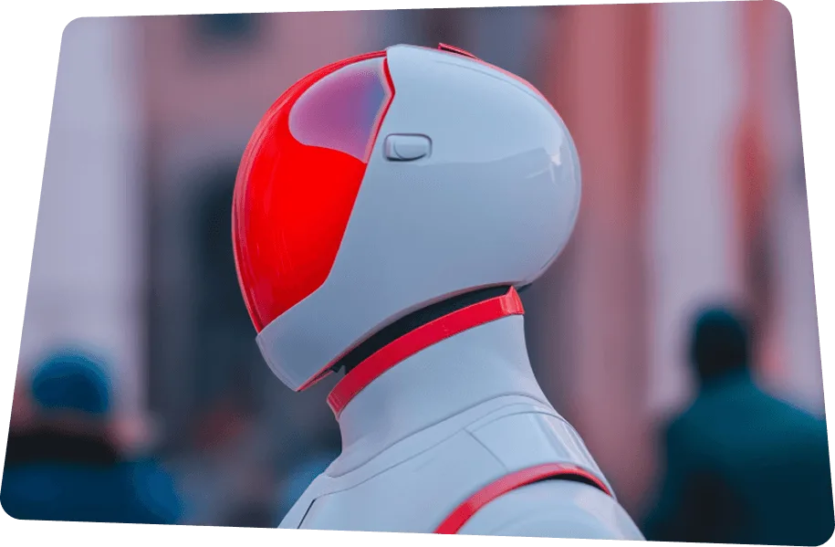 Futuristic person in a white suit wearing a smooth white and red helmet in a city street.