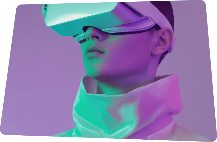 Person wearing a VR headset in futuristic neon lighting.