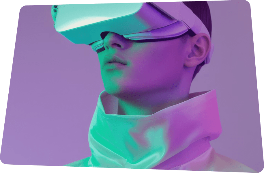 Person wearing a VR headset in futuristic neon lighting.
