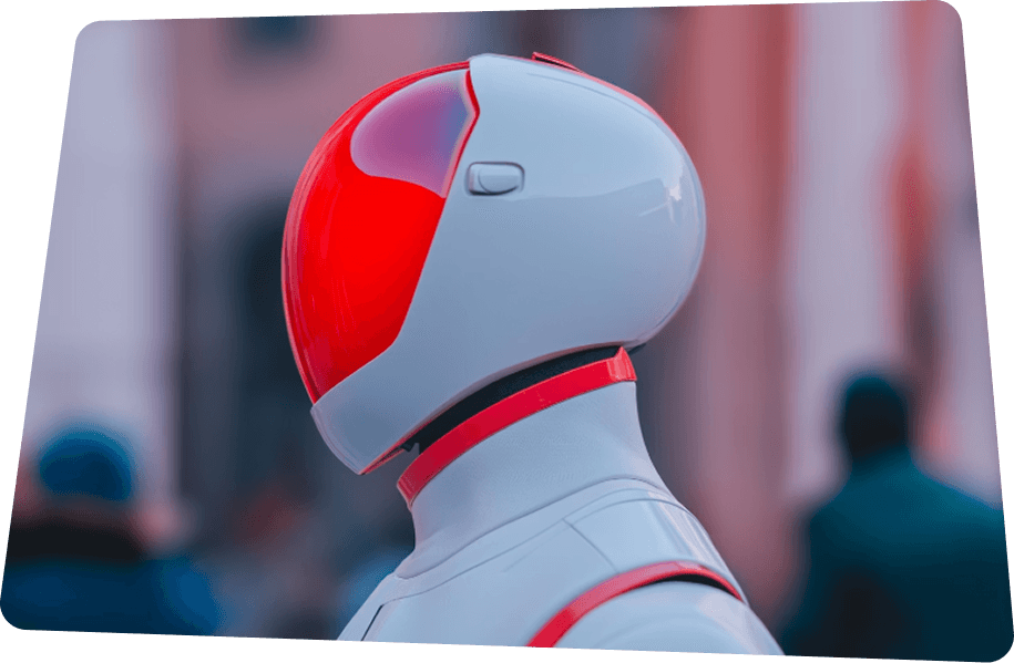 Futuristic person in a white suit wearing a smooth white and red helmet in a city street.