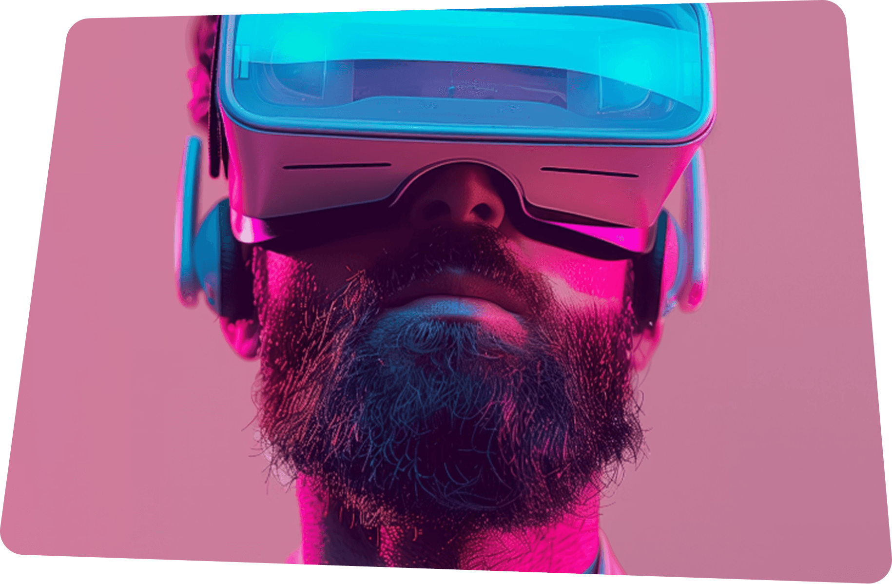 Bearded man wearing a VR headset under pink and blue neon lighting.